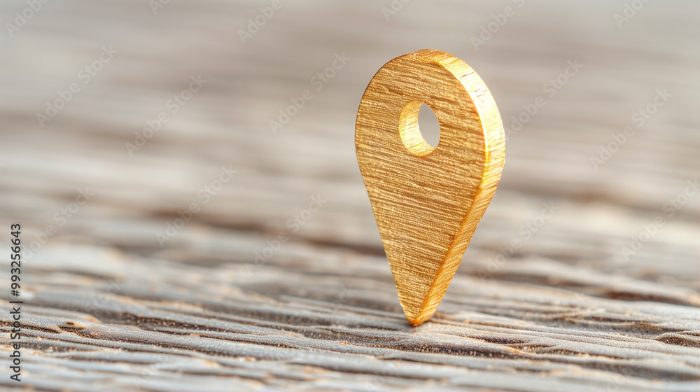 Poster location pin icon on wooden surface emphasizing technology and navigation concepts