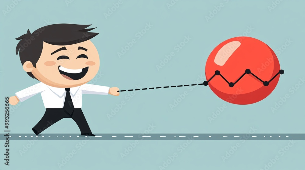 Poster A single cartoon character in vector art style tugging on the end of an economic graph with one hand while pushing with the other Large space for text in center Stock Photo with copy space