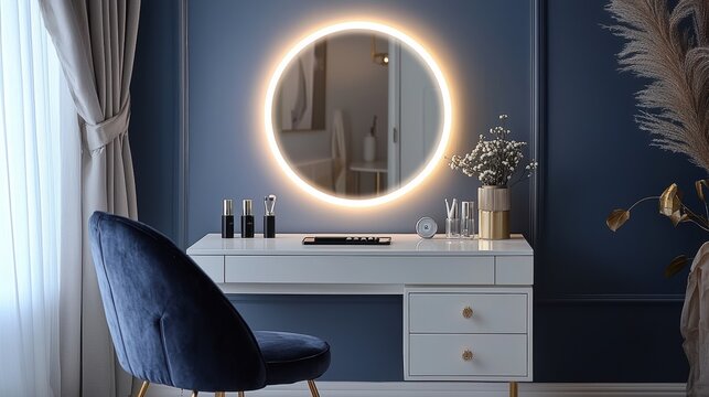 Sleek vanity table setup with a smart mirror in modern interior design featuring elegant decor and ambient lighting