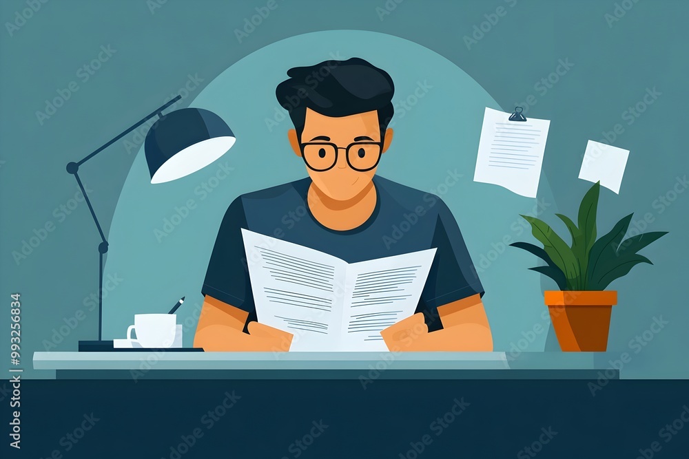 Poster flat style character studying documents on desk in three color office setting