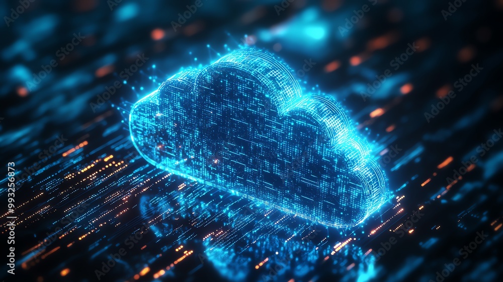 Poster abstract glowing cloud computing symbol on digital background.