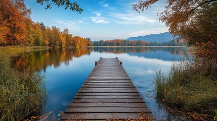 Tranquil Autumn Lakeside Dock with Reflecting Trees and Mountains