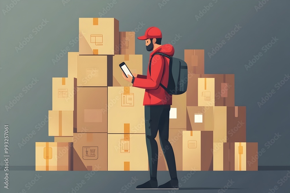 Poster flat style character tracking delivery using smartphone app in three colors
