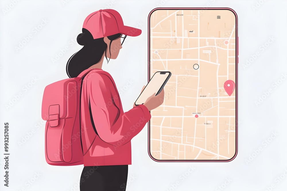Poster flat style character tracking package delivery on a smartphone app with pink red and white colors
