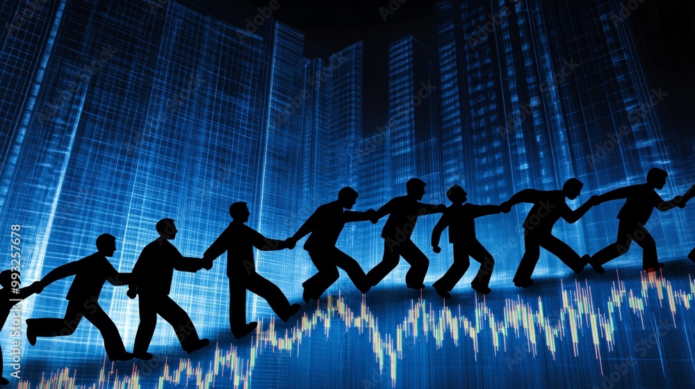 Poster a vector-style group of cartoon people pulling together on a rising stock market line representing c