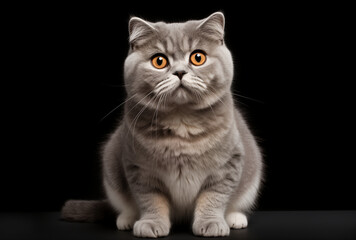 Fototapeta premium Close-Up Of Gray British Shorthair Cat With Bright Orange Eyes On Black Background