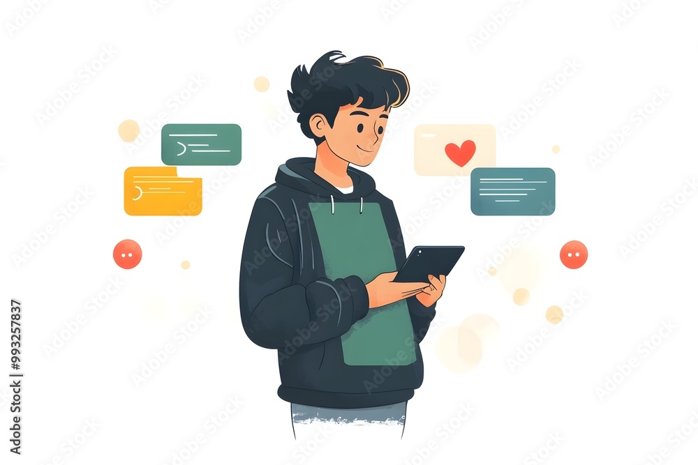Poster flat style character updating social media profiles with tablet device