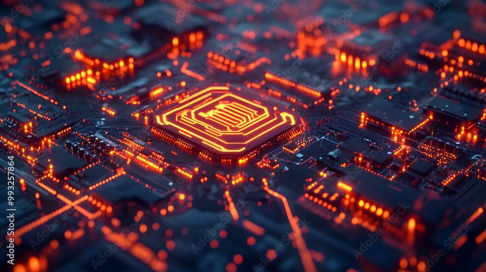 Poster glowing red circuit board with a central processor