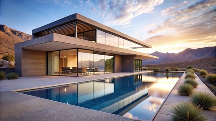 an lines and floor to ceiling windows situated in a picturesque desert landscape This architectural masterpiece features a large infinity pool providing a tranquil oasis amidst the arid surroundings