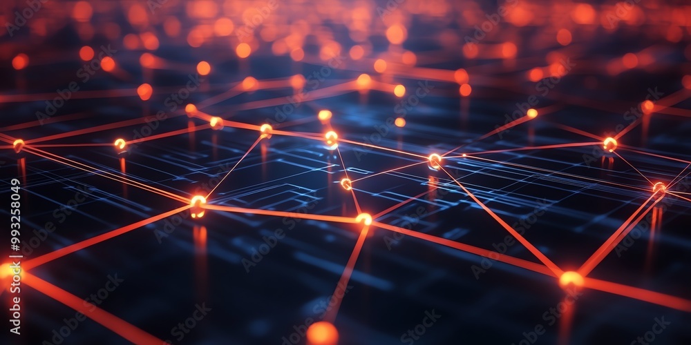 Poster abstract glowing network connection with red lines on dark blue background.