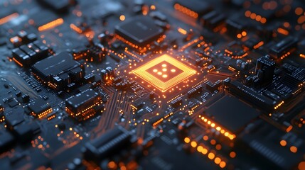 Fototapeta premium Illuminated Circuit Board with Glowing Central Processor