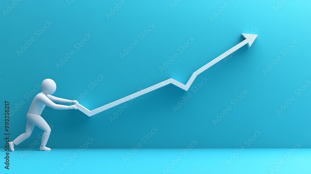 Poster A 3D-rendered character pulling a large upward stock graph line with a smile showing the struggle to raise the economy Large space for text in center Stock Photo with copy space