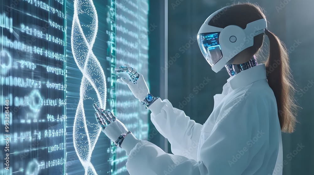 Poster cyborg scientist examining dna structure on a screen