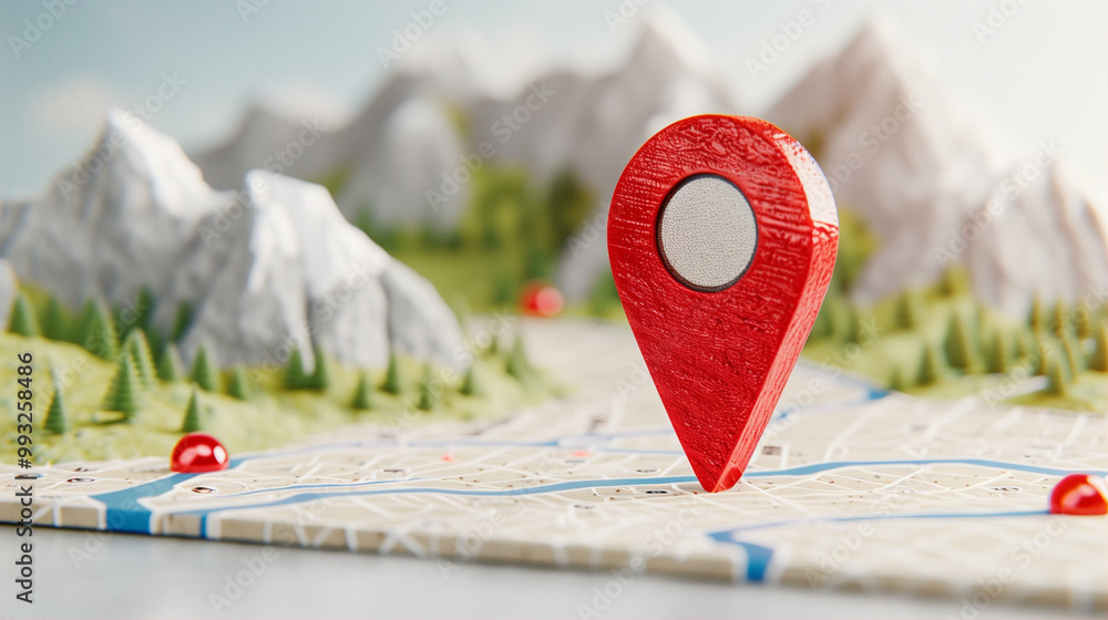 Poster map pin on location map with landscape and mountains in background symbolizing travel and direction
