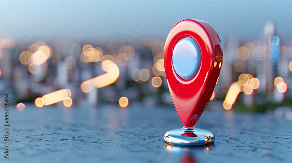 Poster location pin with map marker against urban background showcasing navigation and travel concepts