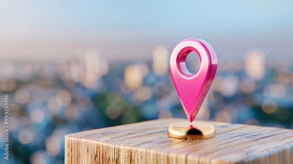 Poster location pin on wooden table with urban background showcasing technology and navigation concepts