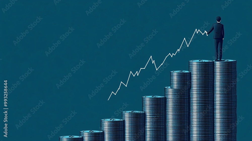 Aufkleber a digital art vector featuring a single cartoon businessman pulling the upward line of a financial c