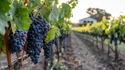 Naklejka premium A row of grapevines heavy with ripe grapes, stretching towards a distant farmhouse
