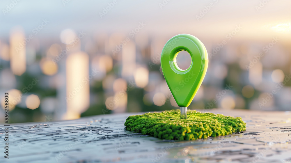 Poster map pin on green marker with location context in urban environment
