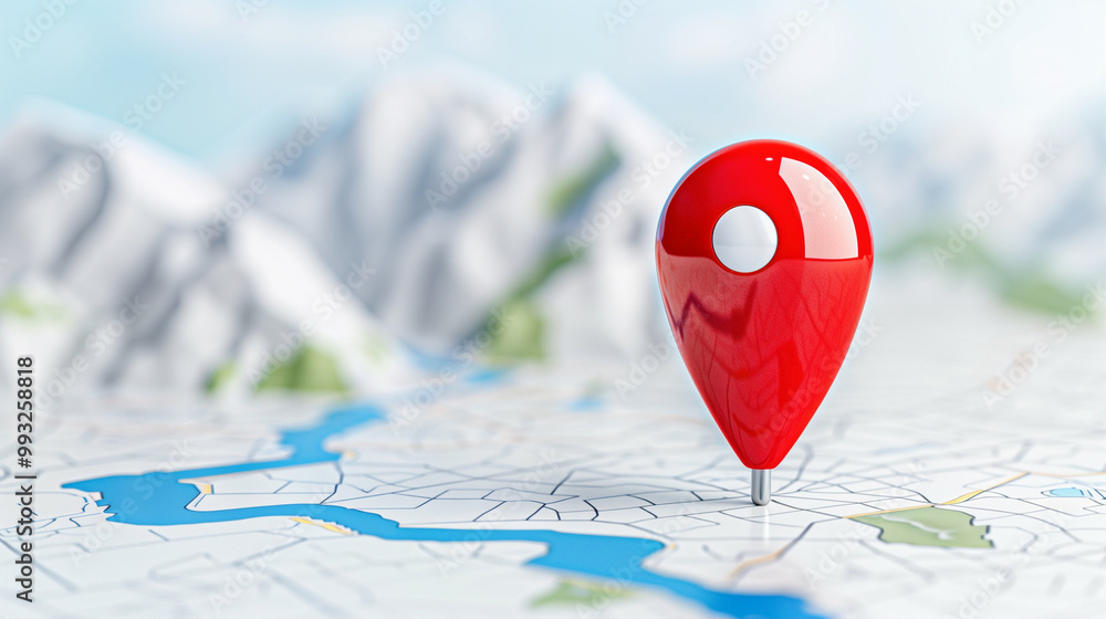 Poster map pin location marker on a detailed map with mountains in the background and a clear blue sky