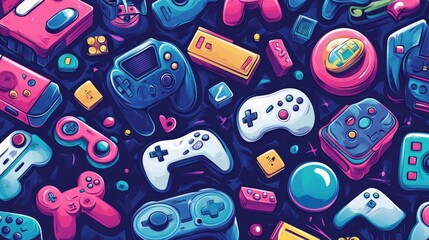 Cartoon Vector Pattern Design with Game Controllers, Video Games, and Toys