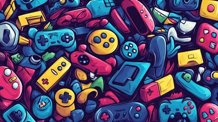 Obraz premium Cartoon Vector Pattern Design with Game Controllers, Video Games, and Toys