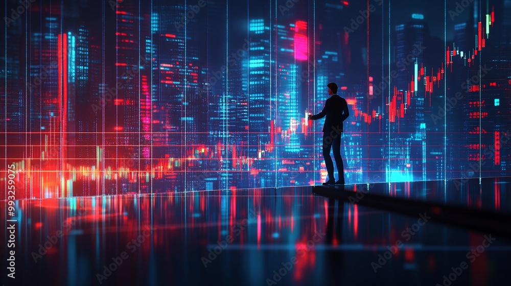 Poster A 3D-render of a business character pulling a stock chart line upward with a look of determination while balancing on a financial platform Large space for text in center Stock Photo with copy space
