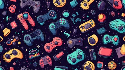 Naklejka premium Cartoon Vector Pattern Design with Game Controllers, Video Games, and Toys