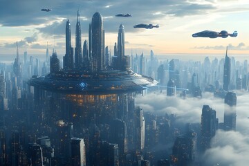 Obraz premium Futuristic Cityscape with Flying Cars Soaring Over the Horizon