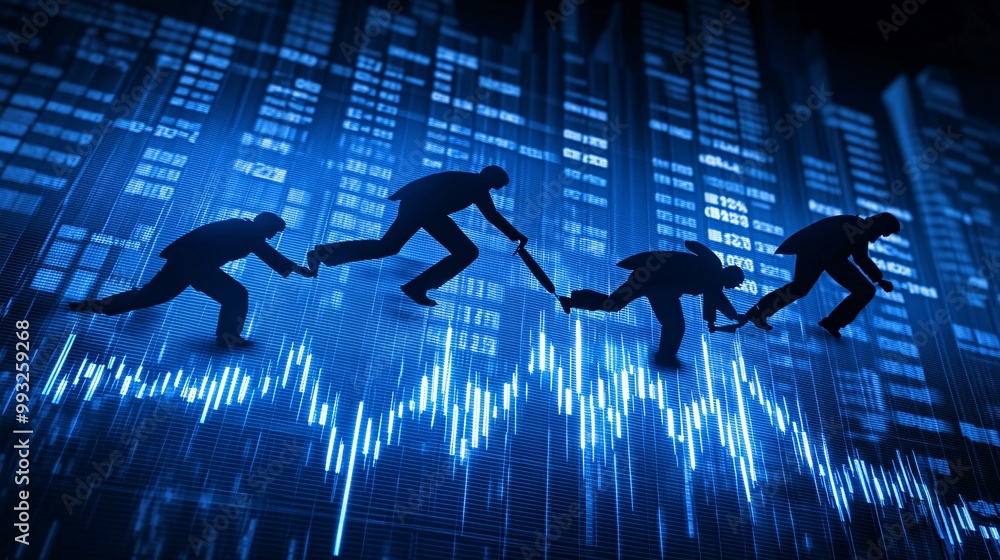 Aufkleber A digital vector of a group of characters working together to pull the end of a rising stock market line showing collaborative efforts in growth Large space for text in center Stock Photo with copy