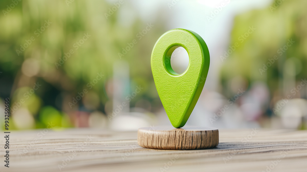 Aufkleber location marker with map pointer on wood base in outdoor setting