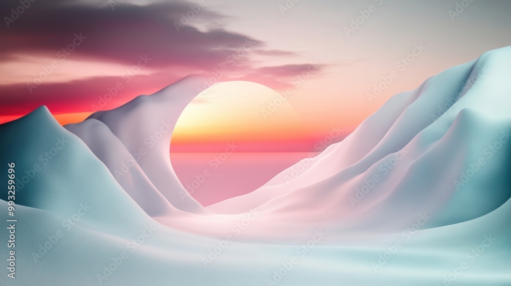 Poster a surreal abstract illustration of a landscape with abstract forms and shapes, lit by a mysterious a