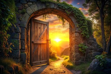 backlit by fading sunset warm orange glow on peeling bark rustic wooden door like entrance to hidden world abstract shapes