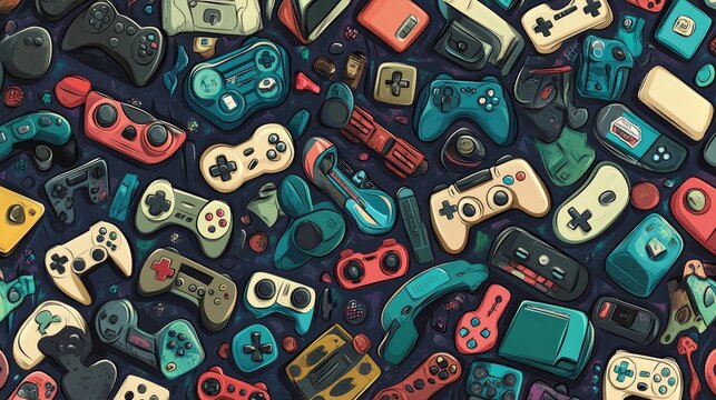 Cartoon Vector Pattern Design with Game Controllers, Video Games, and Toys