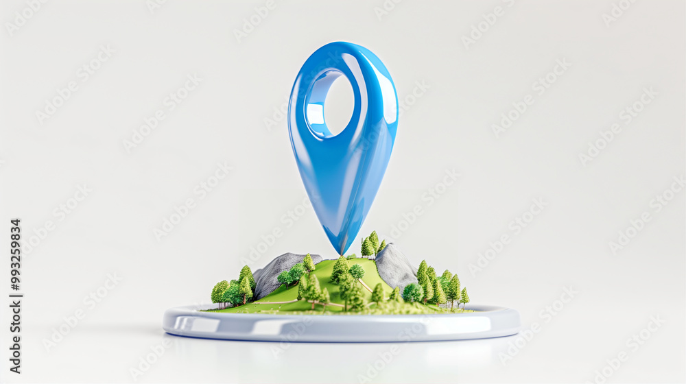 Poster location pin marker on map with greenery and mountains for navigation and location services