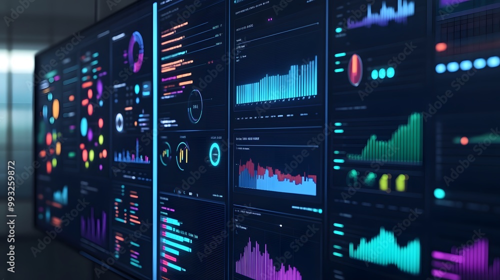 Poster a large computer screen displaying multicolored charts and graphs