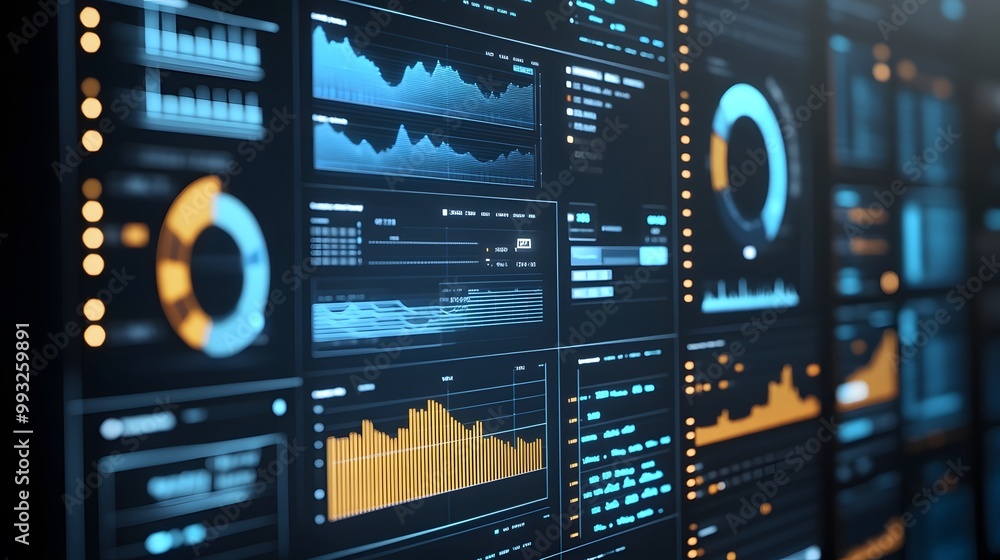 Poster close-up of a digital display with various data visualizations, including line graphs, bar charts, a