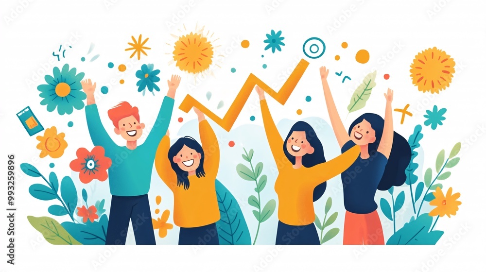 Poster A group of digital vector characters pulling together to lift a rising financial graph line as they smile and cheer each other on Large space for text in center Stock Photo with copy space