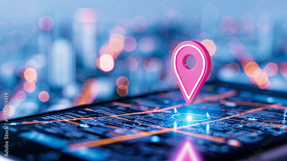 Poster location pin on digital map technology with cityscape background and navigation interface