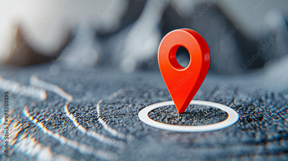 Poster location pin on a textured map surface representing navigation and geolocation