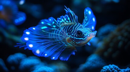 Bioluminescent Sea Vibrant Blue and Yellow Tropical Fish with Orange Spots in Aquarium Blue and White Striped Lionfish Swimming in Coral Reef