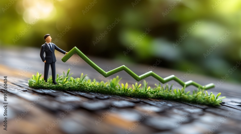 Poster A 3D cartoon figure pulling an economic graph line upward while standing on a large green arrow representing economic recovery Large space for text in center Stock Photo with copy space
