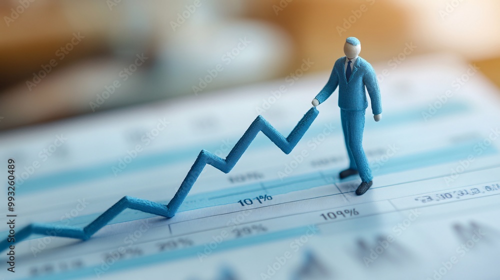 Poster A 3D cartoon figure pulling an economic graph line upward while standing on a large green arrow representing economic recovery Large space for text in center Stock Photo with copy space