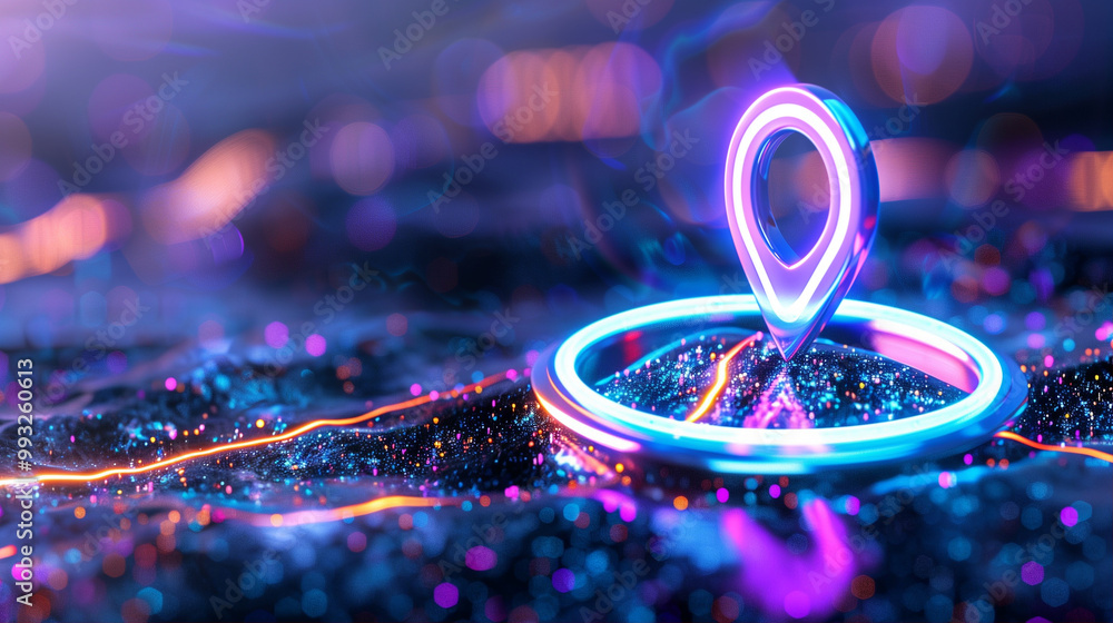 Poster location marker glowing in vibrant neon colors on the surface with digital elements for modern navig