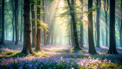 Dappled forest floor bathed in ethereal luminescence, soft misty atmosphere, shallow focus, pastel hues, evoking enchanting mystique, serene mood.