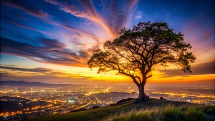 Obraz premium silhouetted tree on hilltop at dusk with vibrant cityscape background dramatic urban landscape long exposure stunning city lights contrasting moods