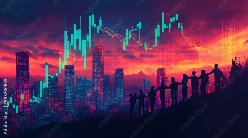 Poster a vector-style illustration of a group of cartoon people pulling a stock market graph line upward as