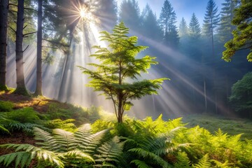 Obraz premium Rays of sunlight pierce through misty forest, illuminating delicate ferns, as a solitary tree's branches sway softly in gentle mountain breeze.