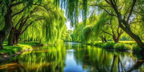 Fototapeta premium vibrant green leaves of a willow tree swaying gently in the breeze casting dappled shade on a serene forest stream with smooth water reflections