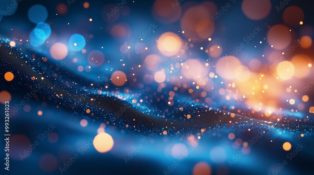 Poster soft glowing particles dance across a blue canvas in a mesmerizing abstract display of light and col